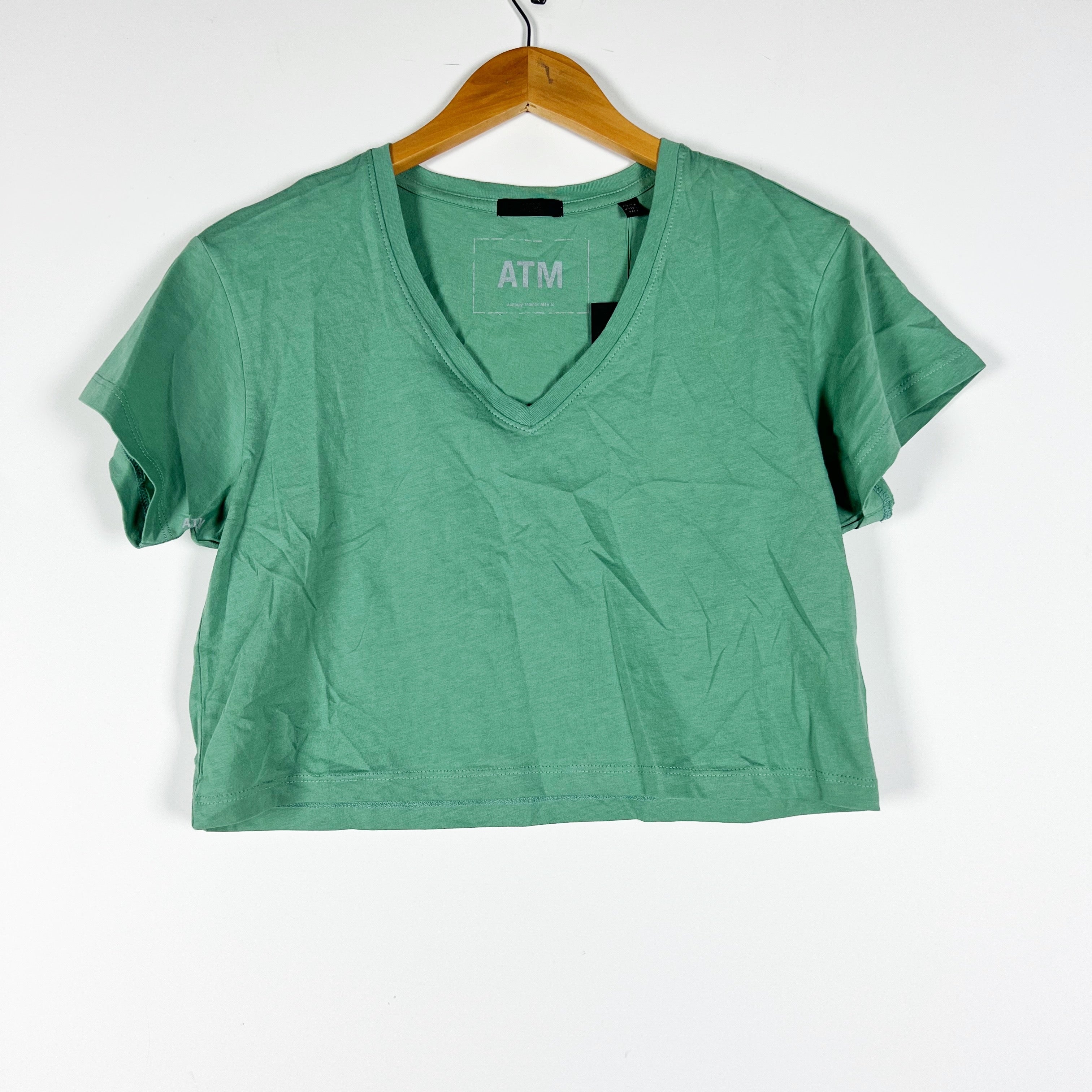 NEW ATM Anthony Thomas Melillo Green AW1540 Short Sleeve Cropped Shirt Havana XS