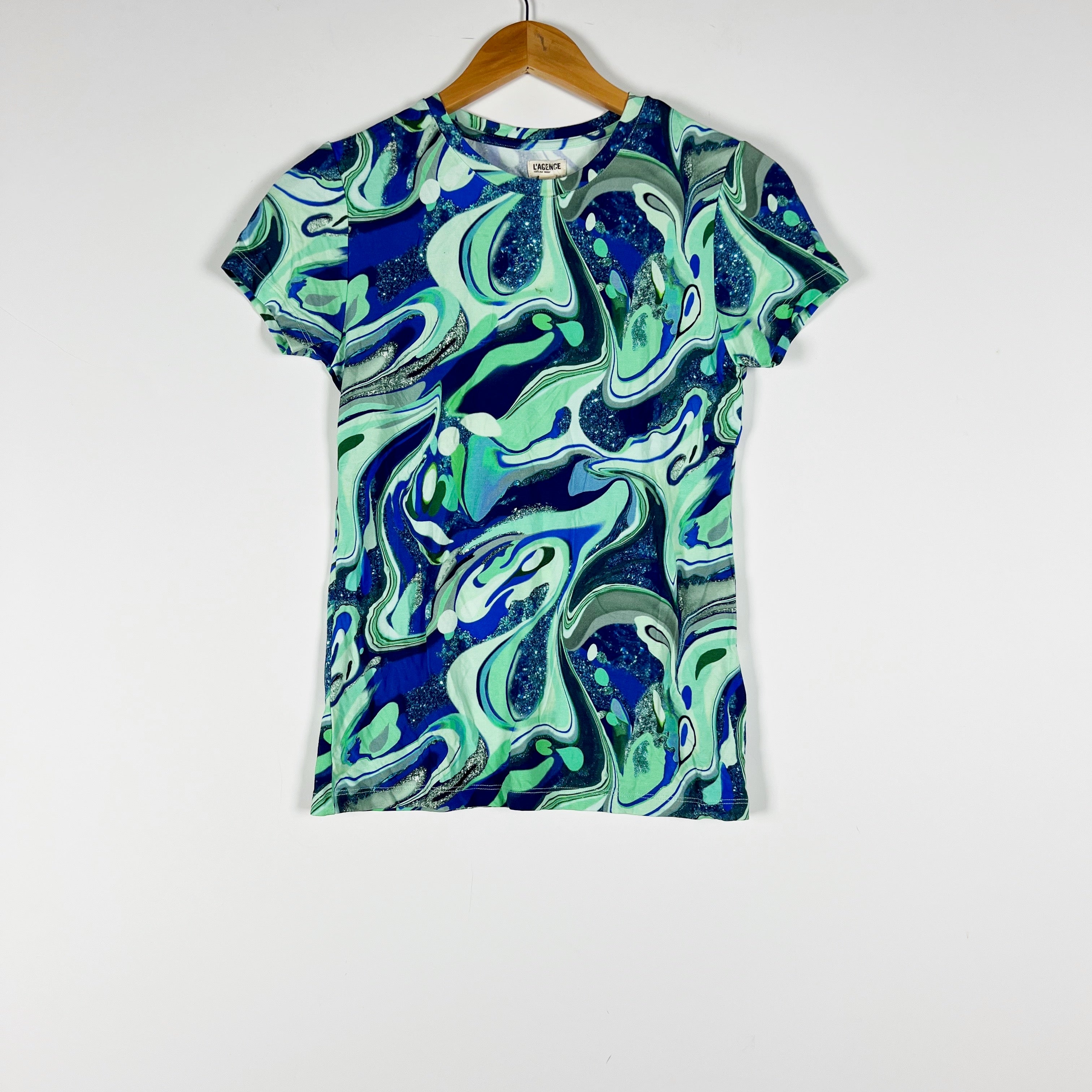 L'Agence Ressi Jersey Stretch Knit Blue Green Tie Dye Watercolor Tee Shirt Top S
