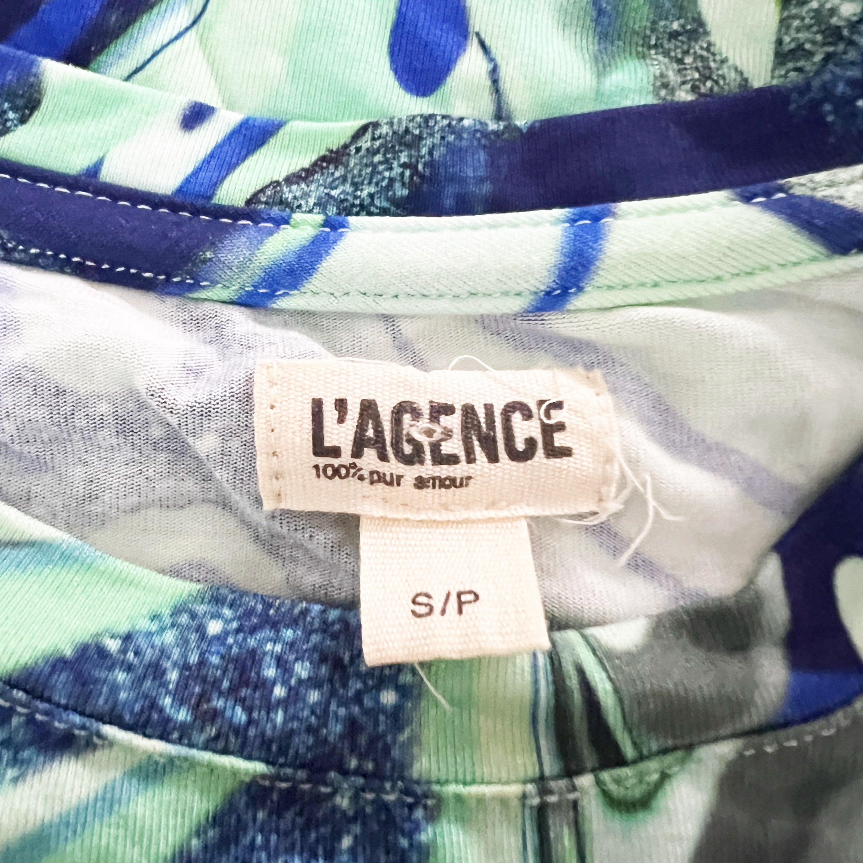 L'Agence Ressi Jersey Stretch Knit Blue Green Tie Dye Watercolor Tee Shirt Top S