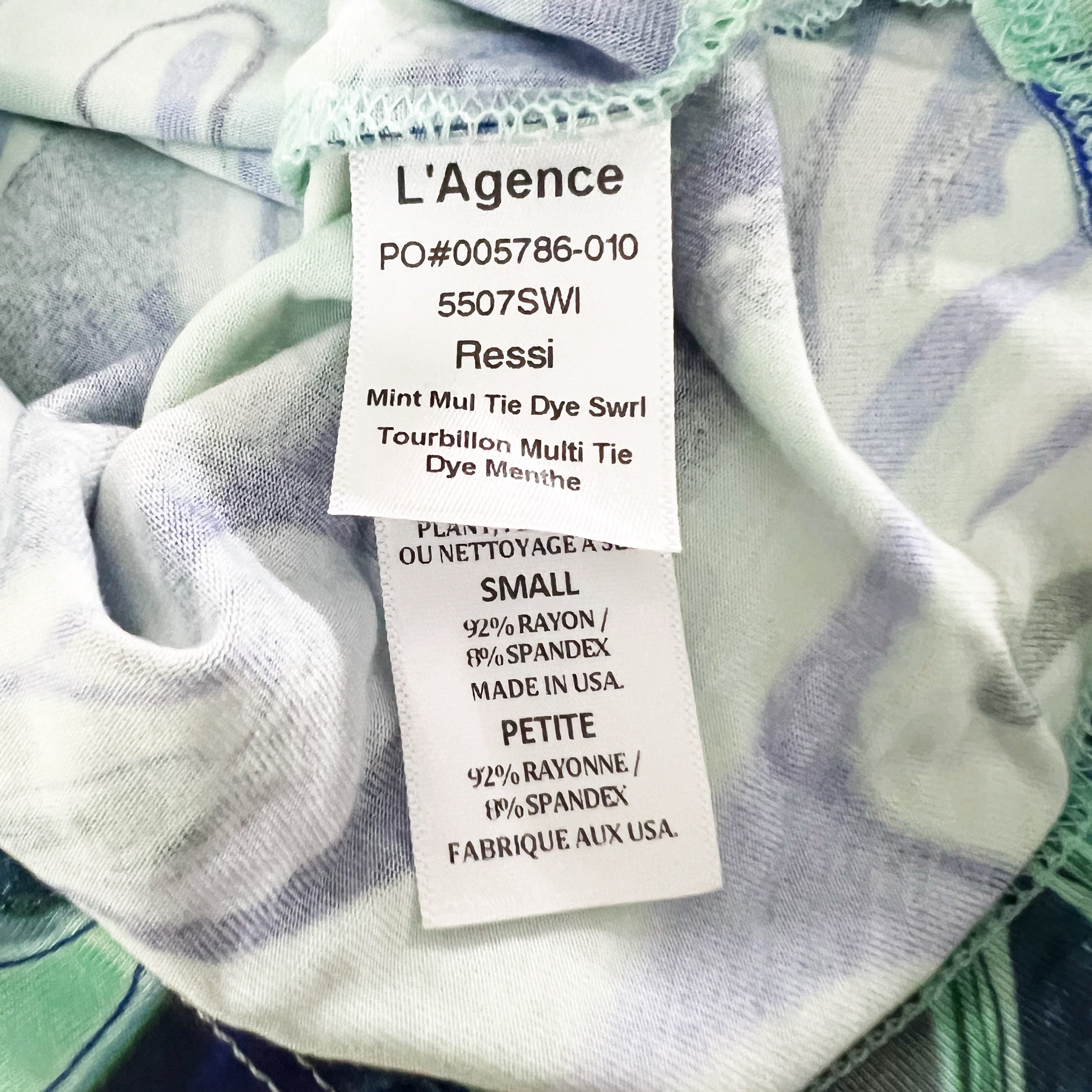 L'Agence Ressi Jersey Stretch Knit Blue Green Tie Dye Watercolor Tee Shirt Top S