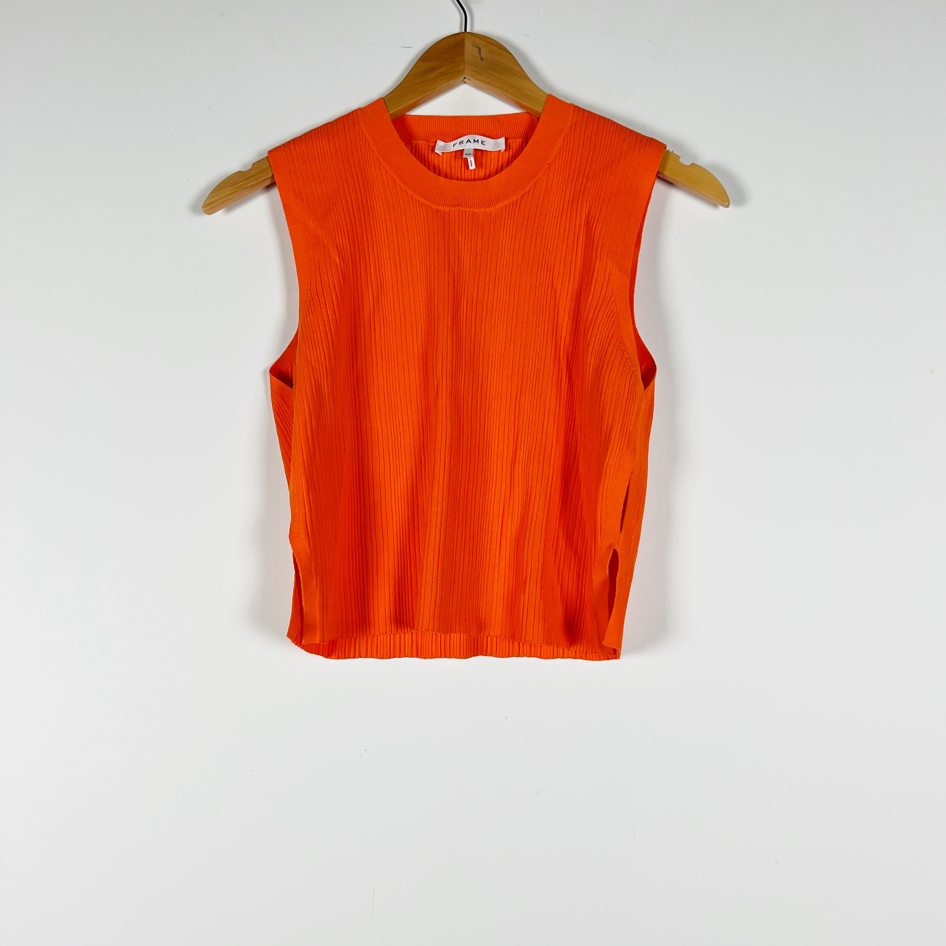 Frame Women's Ribbed Knit Stretch Cut Out Sleeveless Tank Top Bright Tangerine S