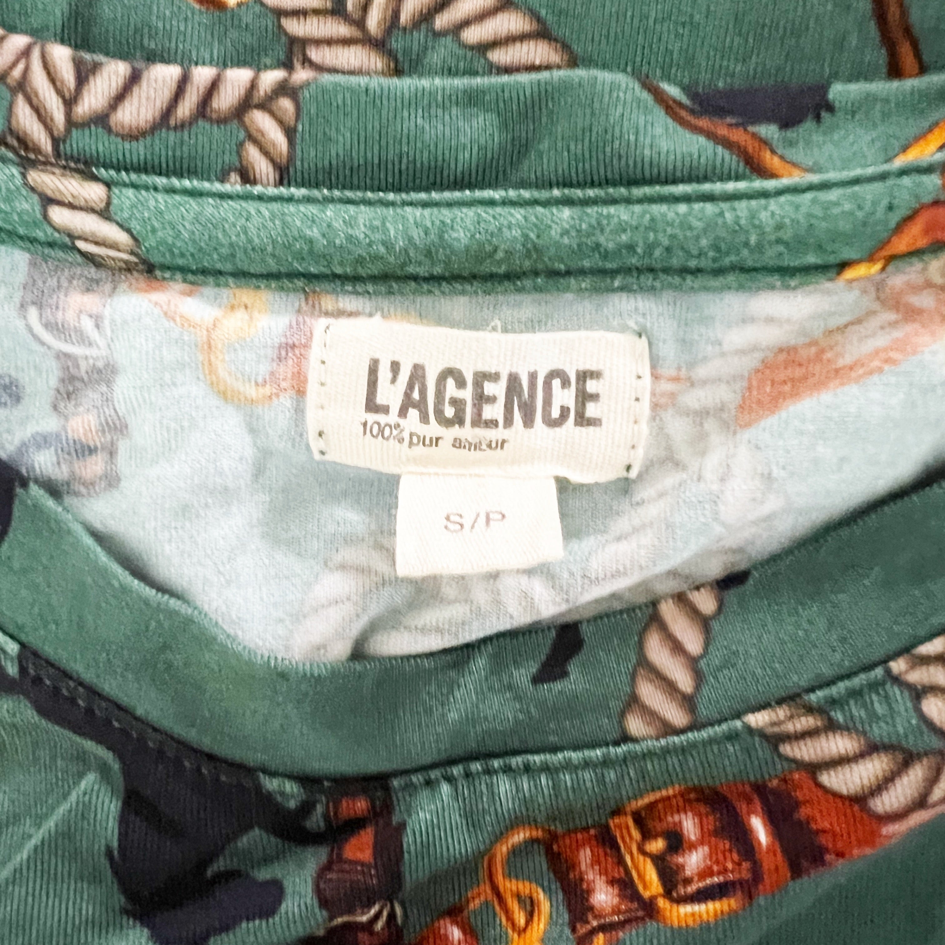 L'Agence Ressi Jersey Stretch Knit Horse Chain Equestrian Print Tee Shirt Top S