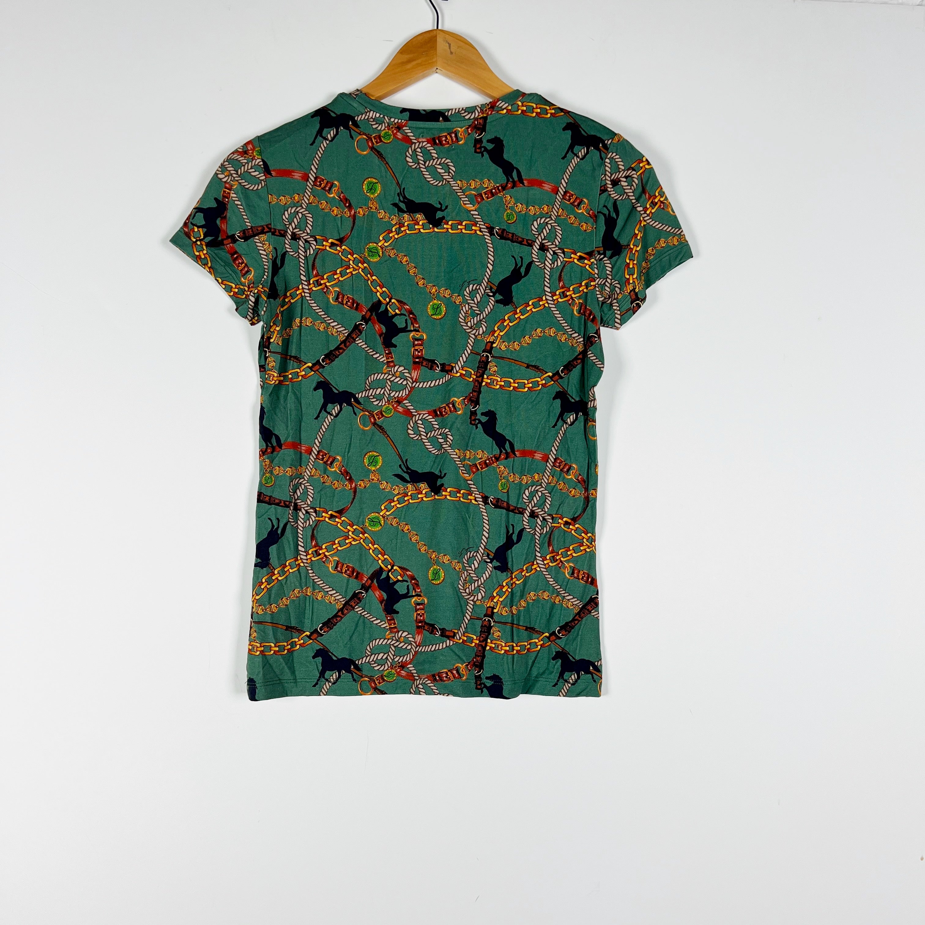 L'Agence Ressi Jersey Stretch Knit Horse Chain Equestrian Print Tee Shirt Top S