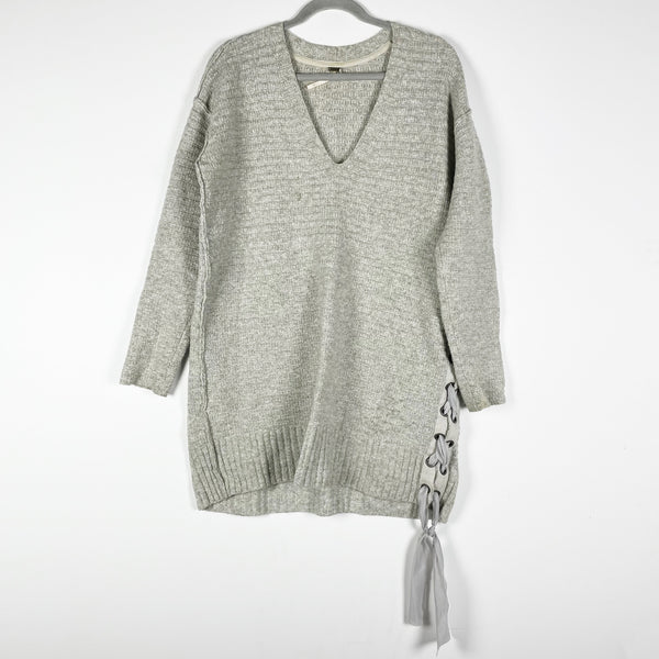 Free People Heart It Lace-Up V Neck Cotton Stretch Knit Pullover Sweater Gray XS