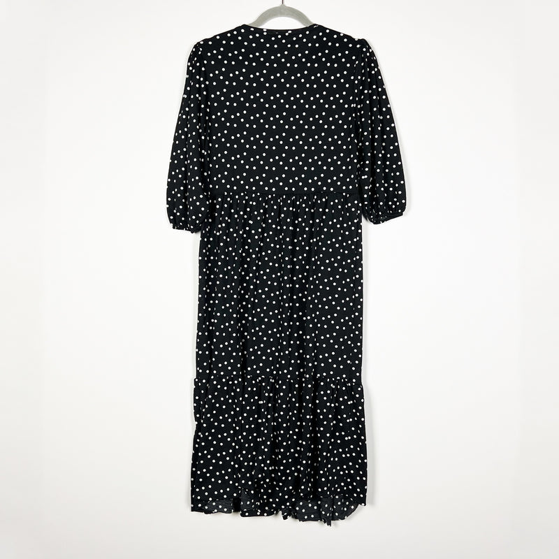 Zara Stretch Ponte Black White Polka Dot Print Pattern Tiered Pullover Dress S