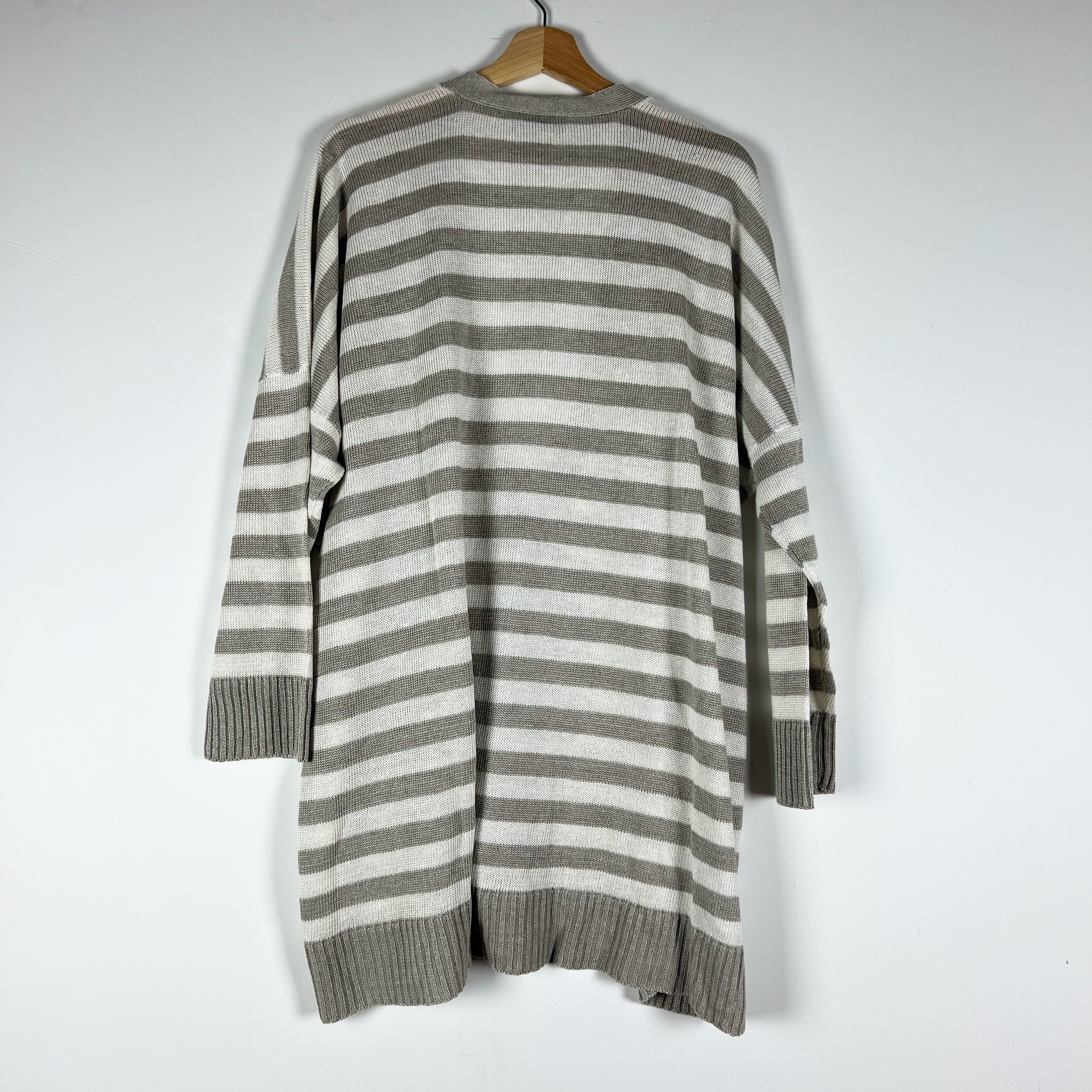 Eskandar Linen Knit Stretch V Neck Button Front Stripe Cardigan Sweater Gray OS