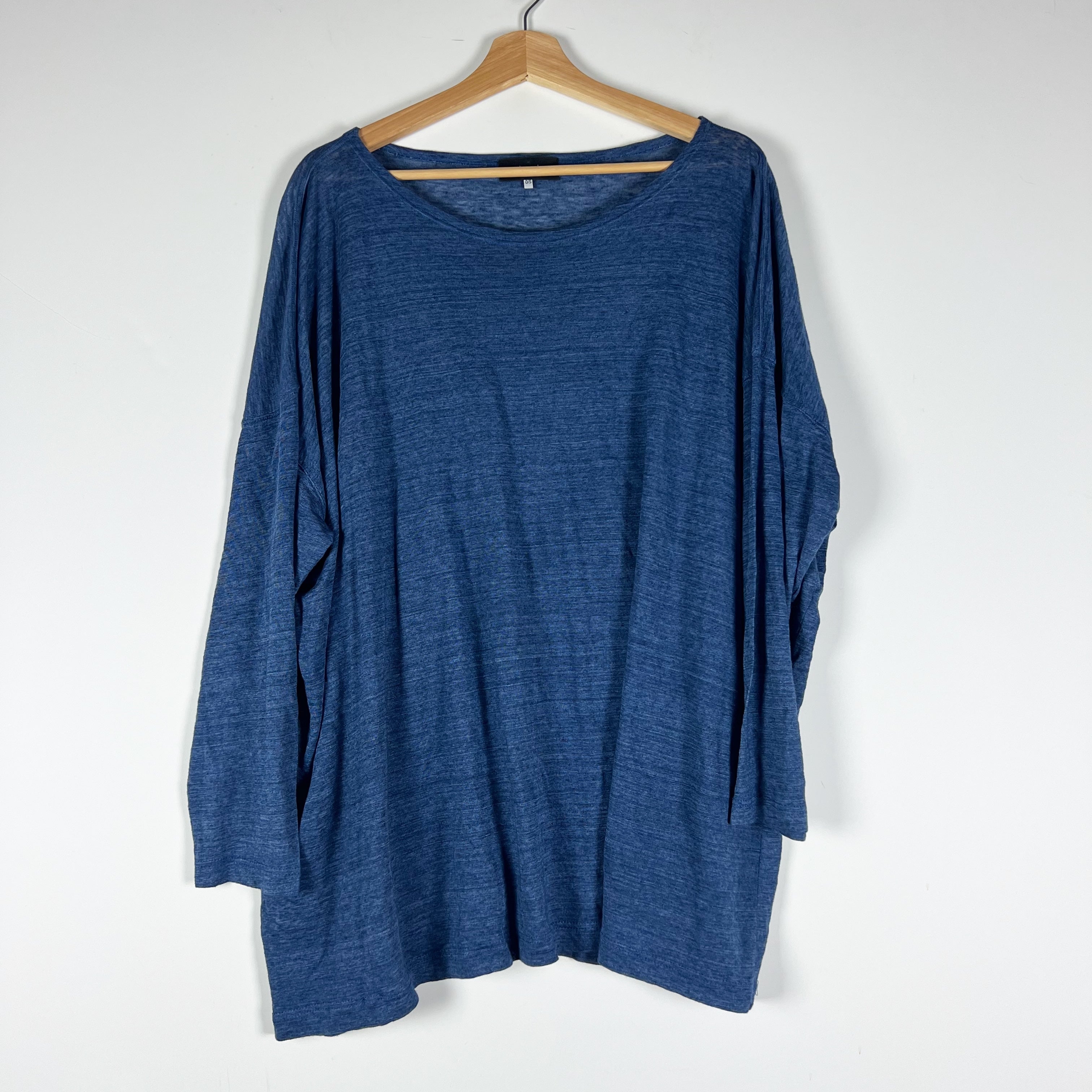 Eskandar Linen Knit Stretch Boxy Oversized Crew Neck Pullover Tee Shirt Blue OS