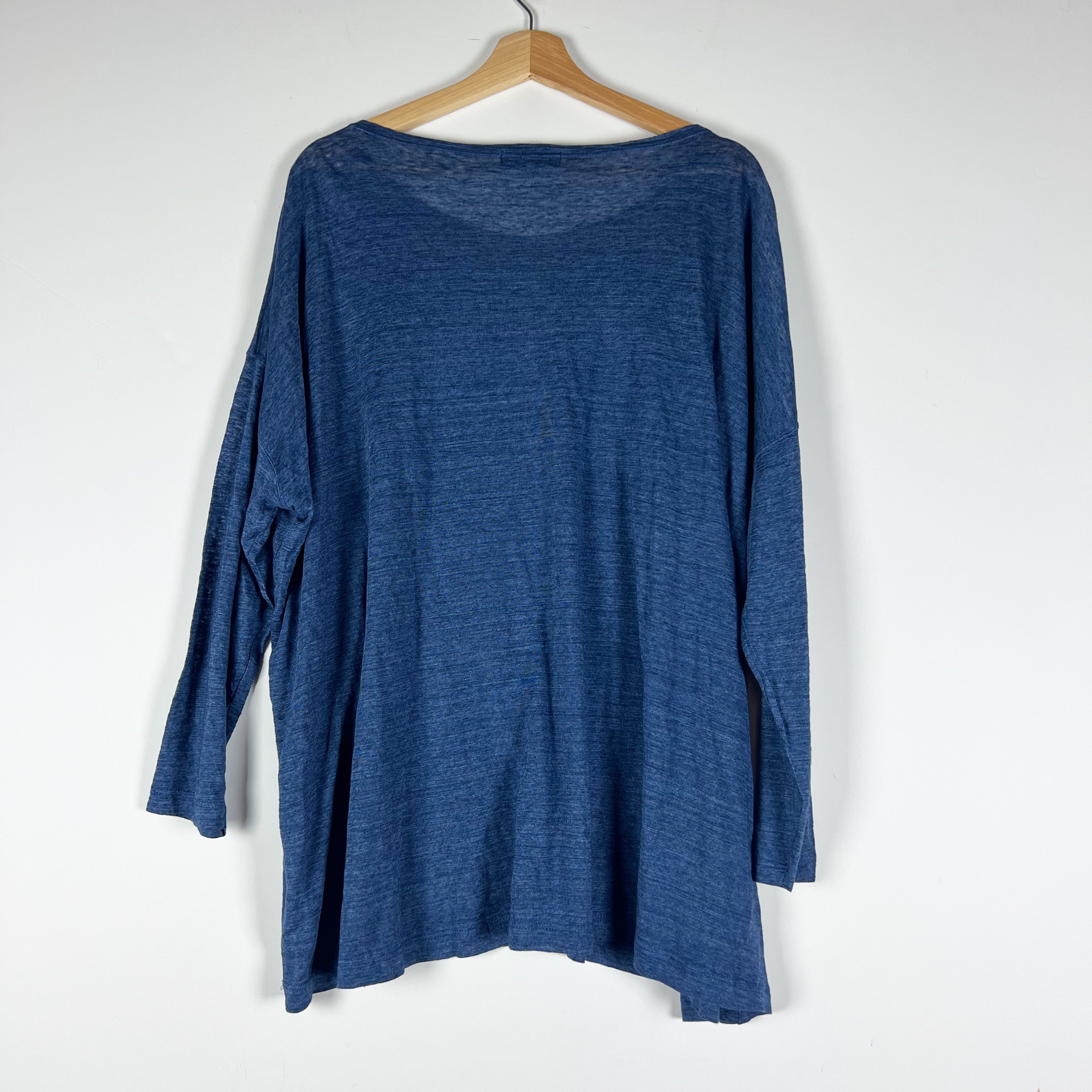 Eskandar Linen Knit Stretch Boxy Oversized Crew Neck Pullover Tee Shirt Blue OS