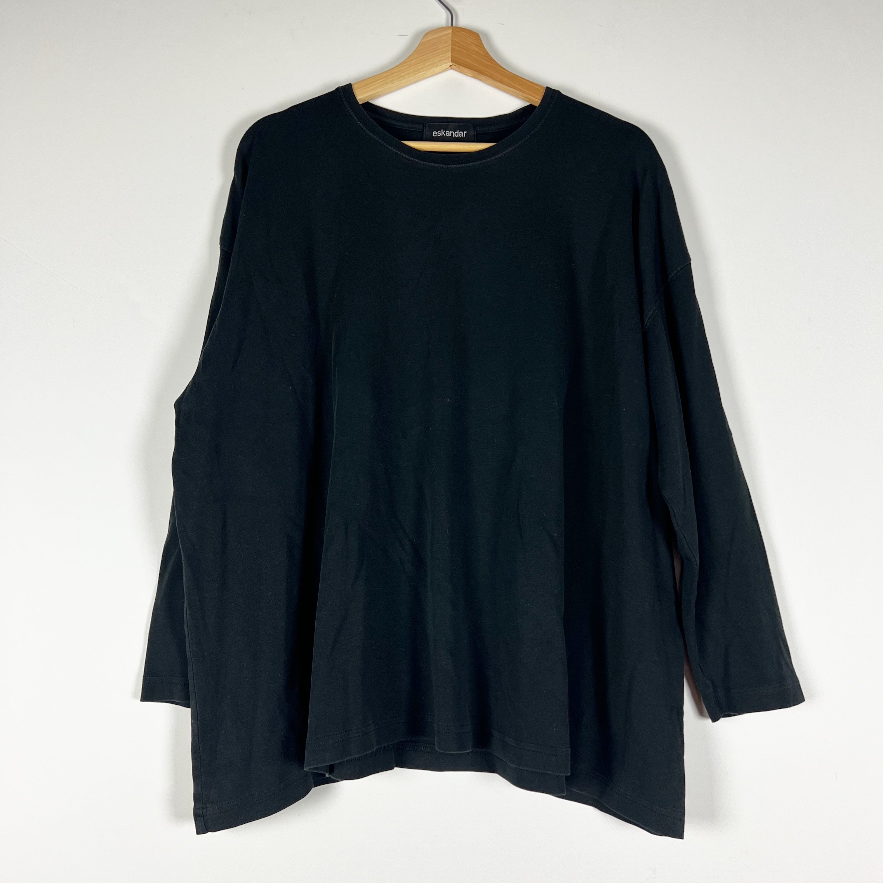 Eskandar Women's Cotton Knit Stretch Crew Neck Pullover Tee Shirt Solid Black OS