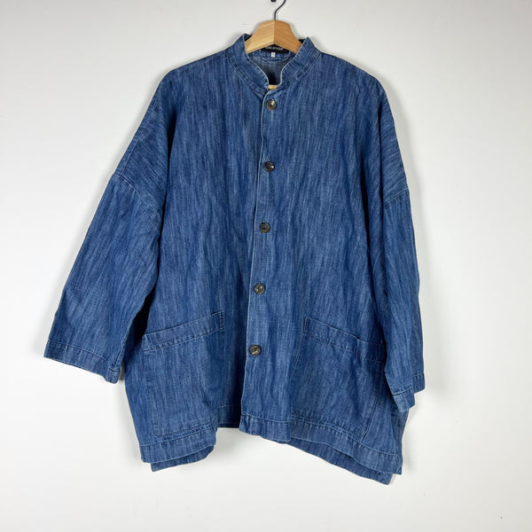 Eskandar Cotton Linen Collar Button Down Pocket Boxy Oversized Denim Jean Blouse