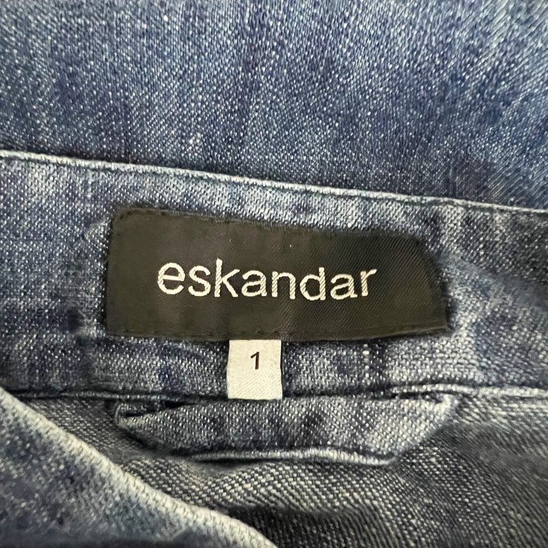 Eskandar Cotton Linen Collar Button Down Pocket Boxy Oversized Denim Jean Blouse