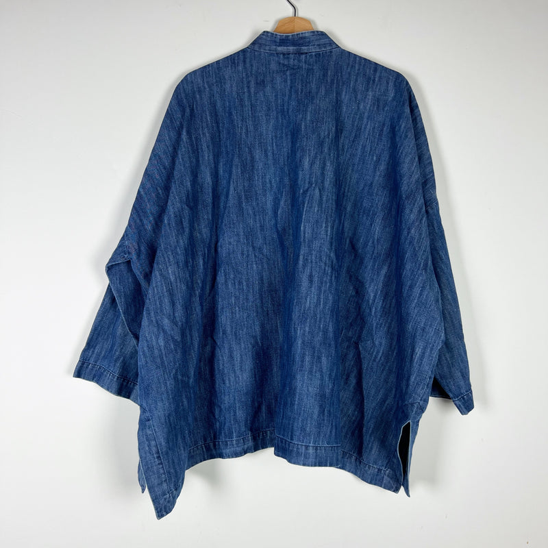 Eskandar Cotton Linen Collar Button Down Pocket Boxy Oversized Denim Jean Blouse