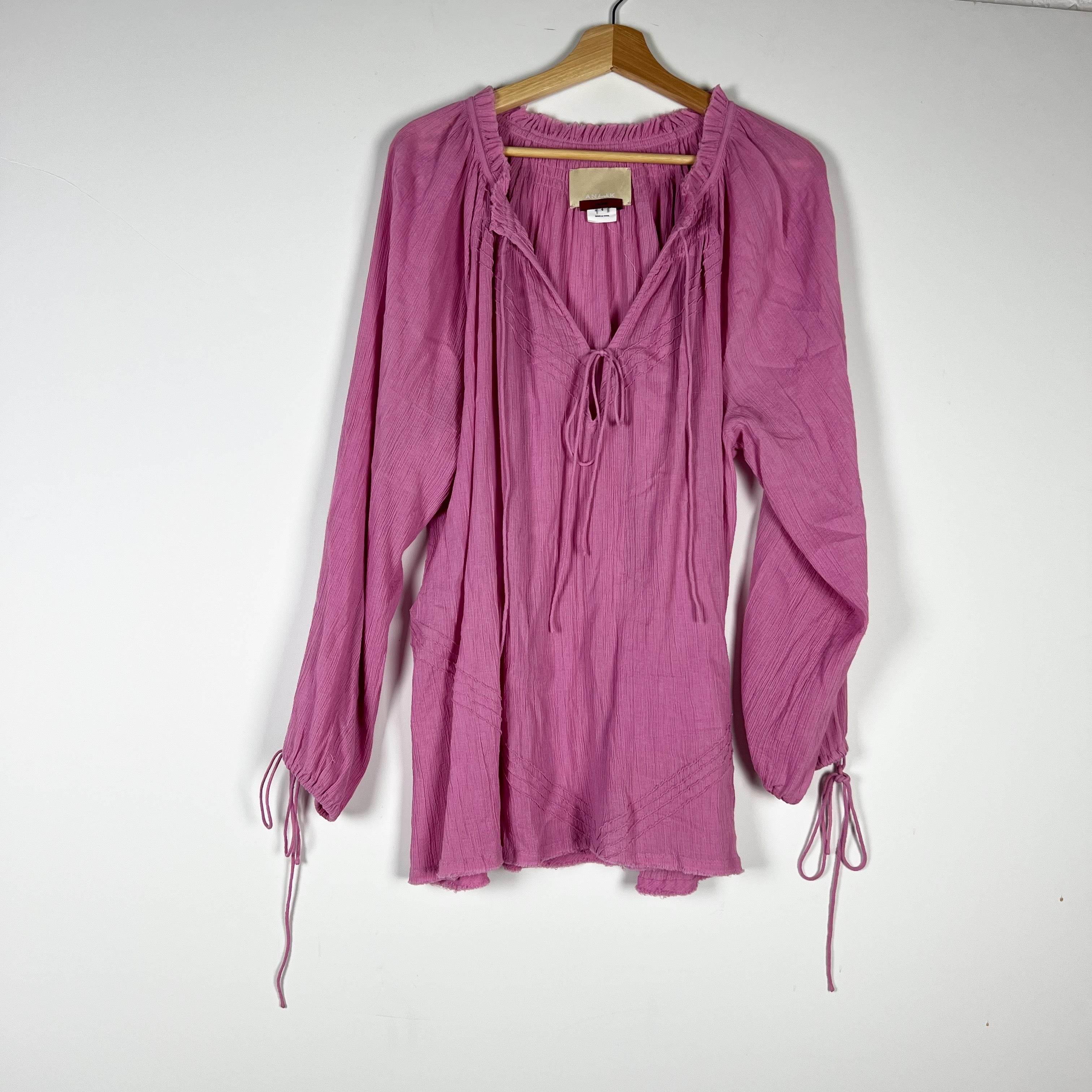 Anaak Cotton Gauze Textured Ruffle Pleated V Neck Long Sleeve Blouse Purple L