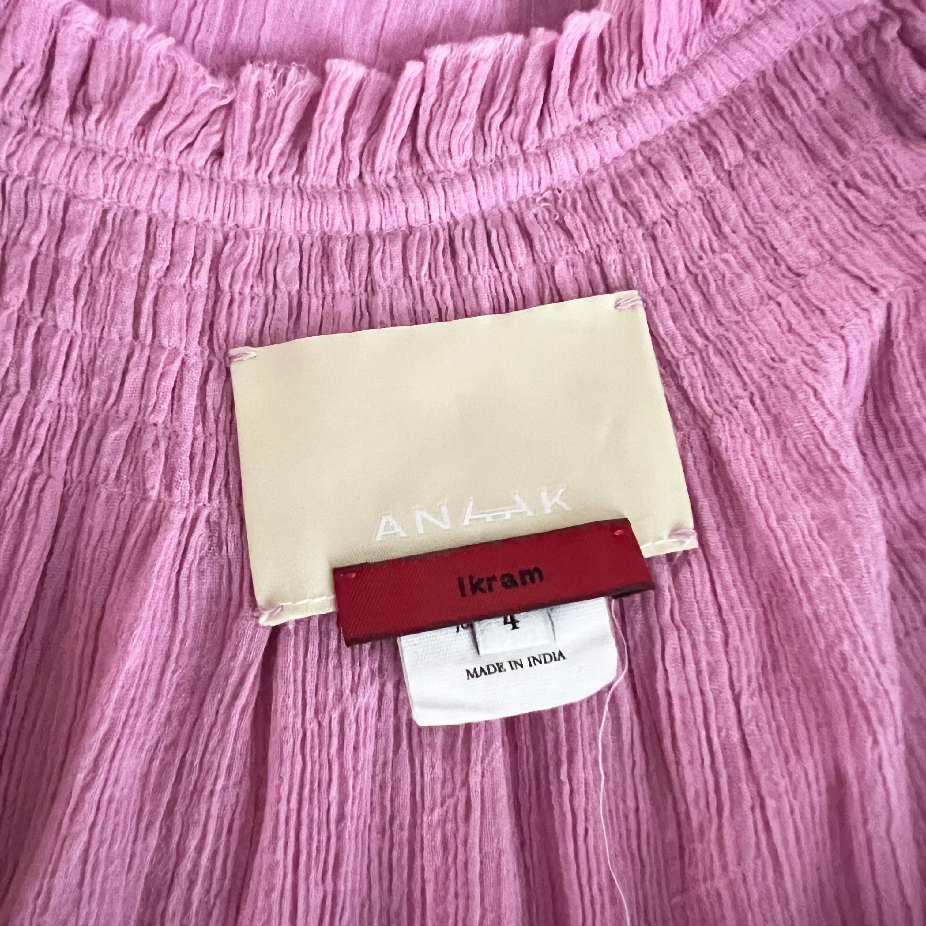 Anaak Cotton Gauze Textured Ruffle Pleated V Neck Long Sleeve Blouse Purple L