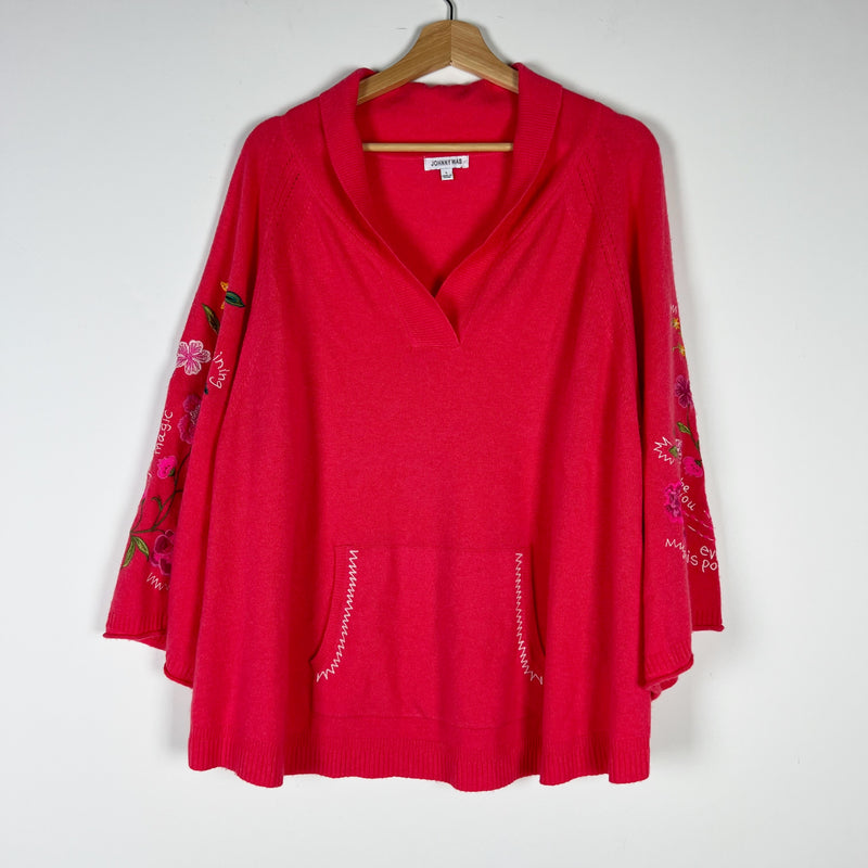 Johnny Was Sedona Wool Cashmere Knit Floral Embroidered Patch Pocket Sweater L