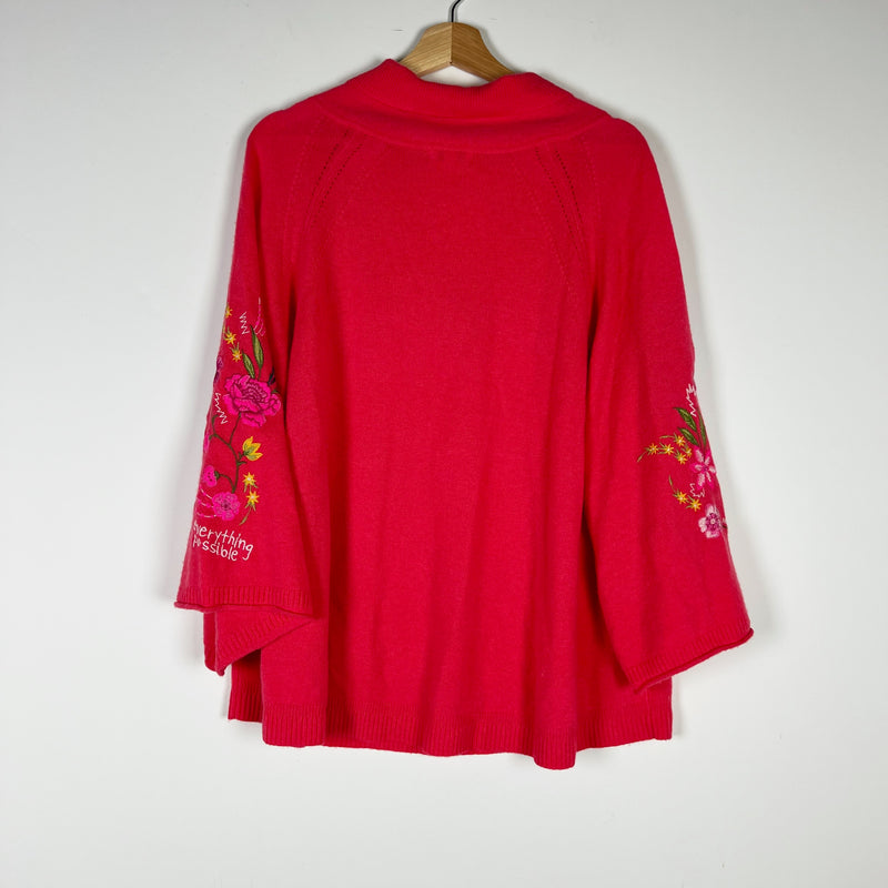 Johnny Was Sedona Wool Cashmere Knit Floral Embroidered Patch Pocket Sweater L