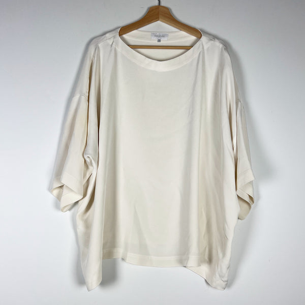 Eskandar 3/4 Sleeve Silk Chiffon Boat Neck Boxy Cut Blouse Shirt Top Solid White