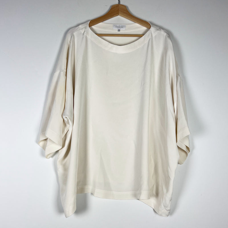 Eskandar 3/4 Sleeve Silk Chiffon Boat Neck Boxy Cut Blouse Shirt Top Solid White