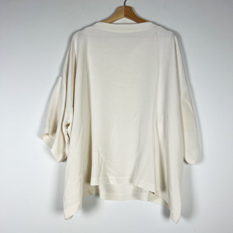 Eskandar 3/4 Sleeve Silk Chiffon Boat Neck Boxy Cut Blouse Shirt Top Solid White