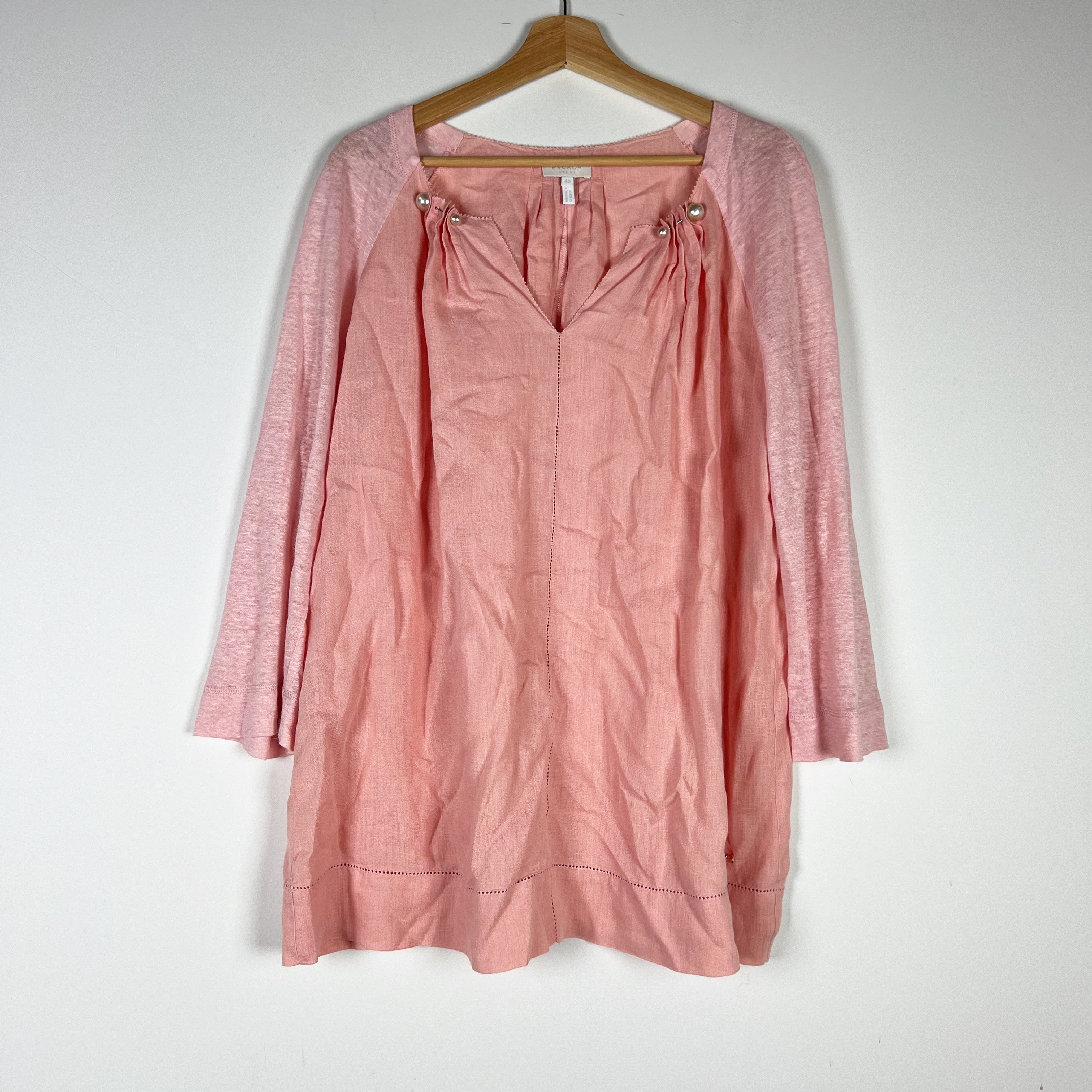 Escada Sport Linen Ruched Pleated Pearl Detail V Neck Blouse Shirt Pink Large