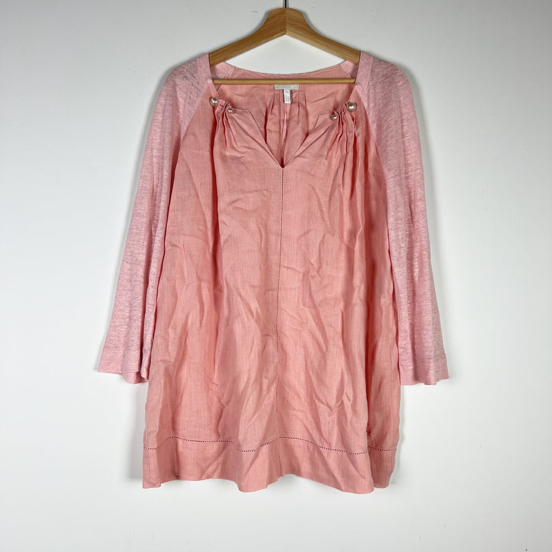 Escada Sport Linen Ruched Pleated Pearl Detail V Neck Blouse Shirt Pink Large