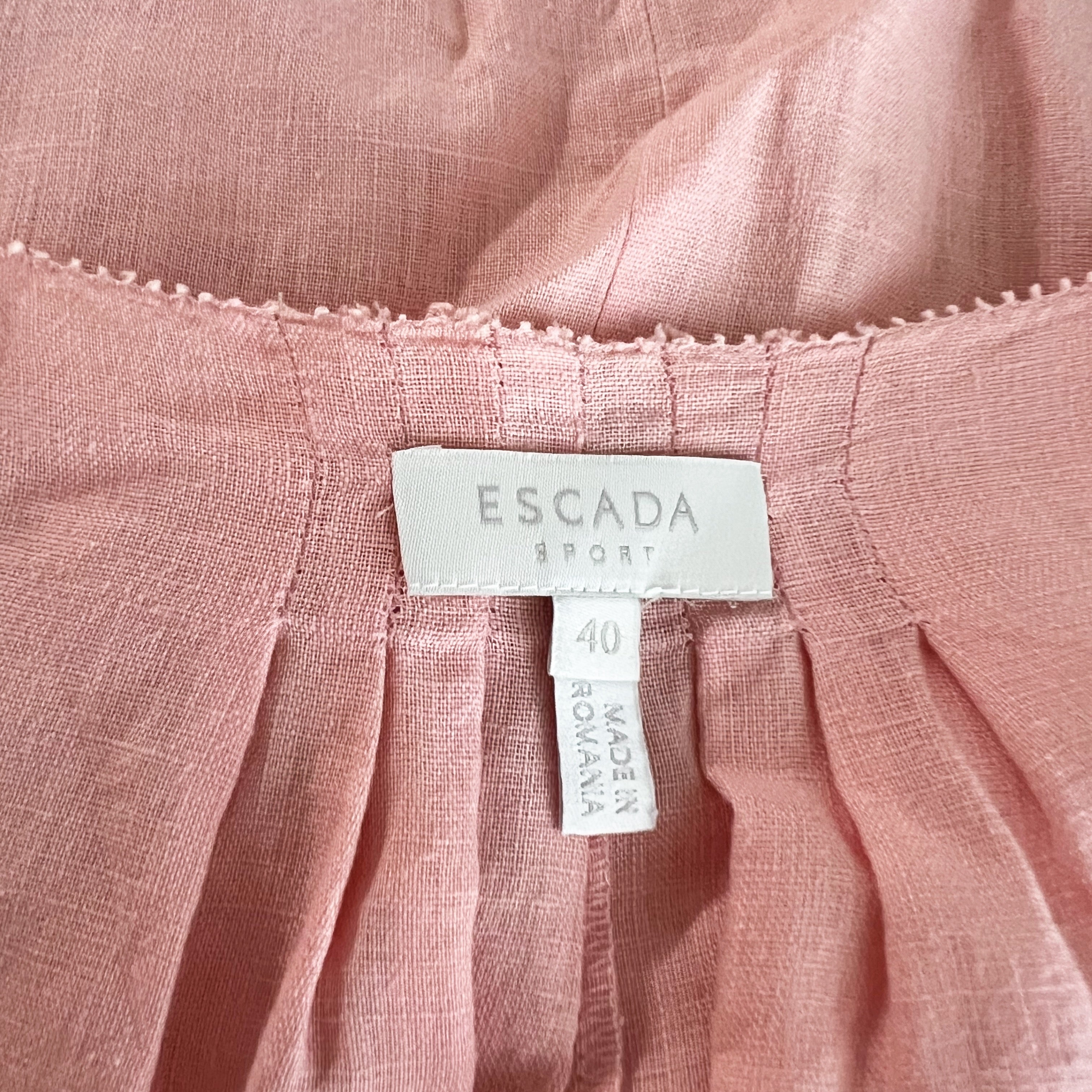 Escada Sport Linen Ruched Pleated Pearl Detail V Neck Blouse Shirt Pink Large