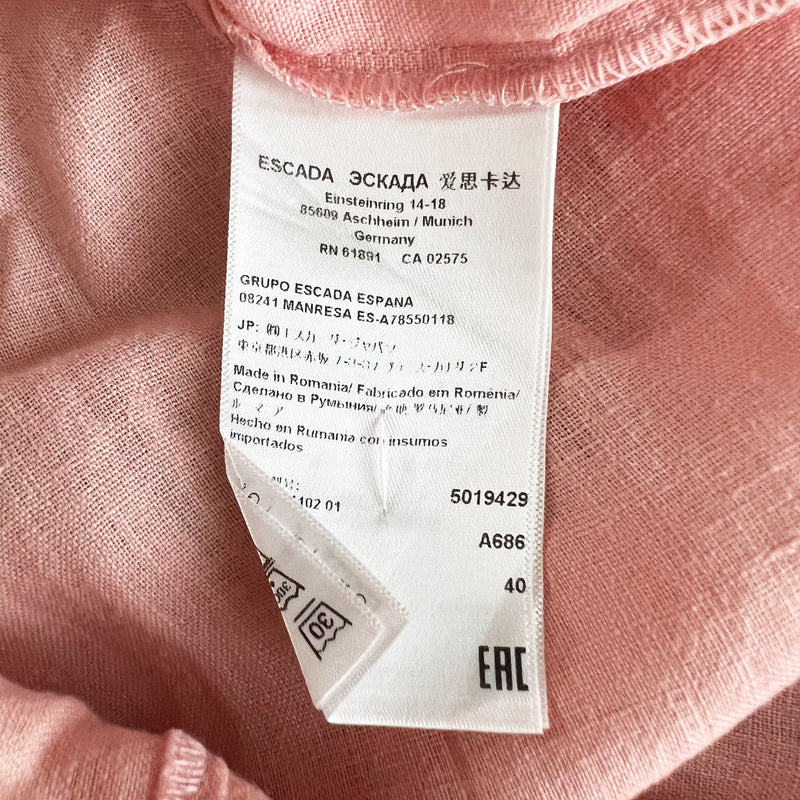 Escada Sport Linen Ruched Pleated Pearl Detail V Neck Blouse Shirt Pink Large