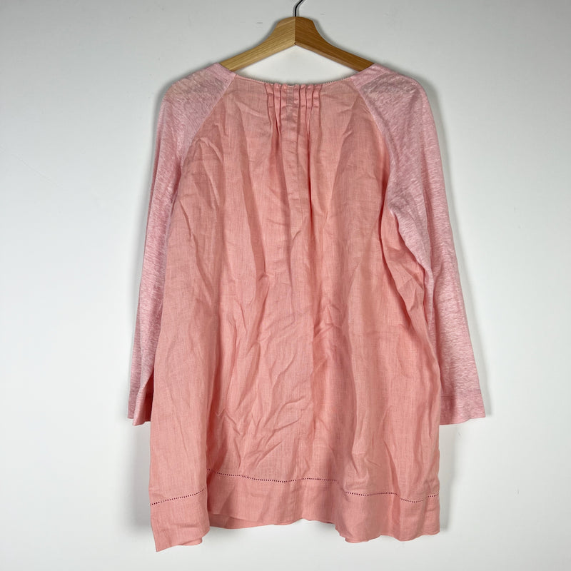 Escada Sport Linen Ruched Pleated Pearl Detail V Neck Blouse Shirt Pink Large