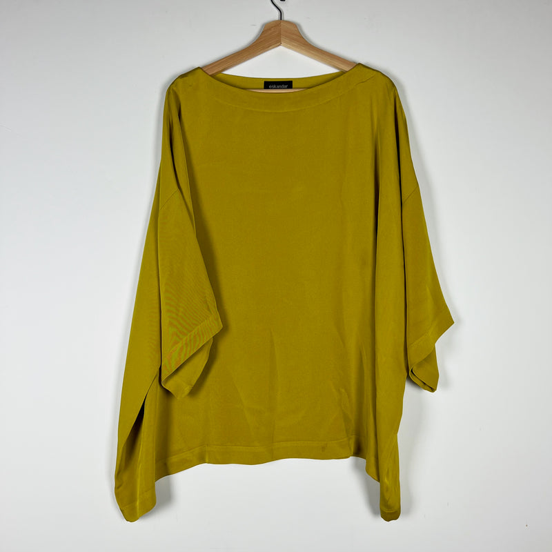 Eskandar 3/4 Sleeve Silk Chiffon Boat Neck Boxy Cut Blouse Shirt Top Yellow L