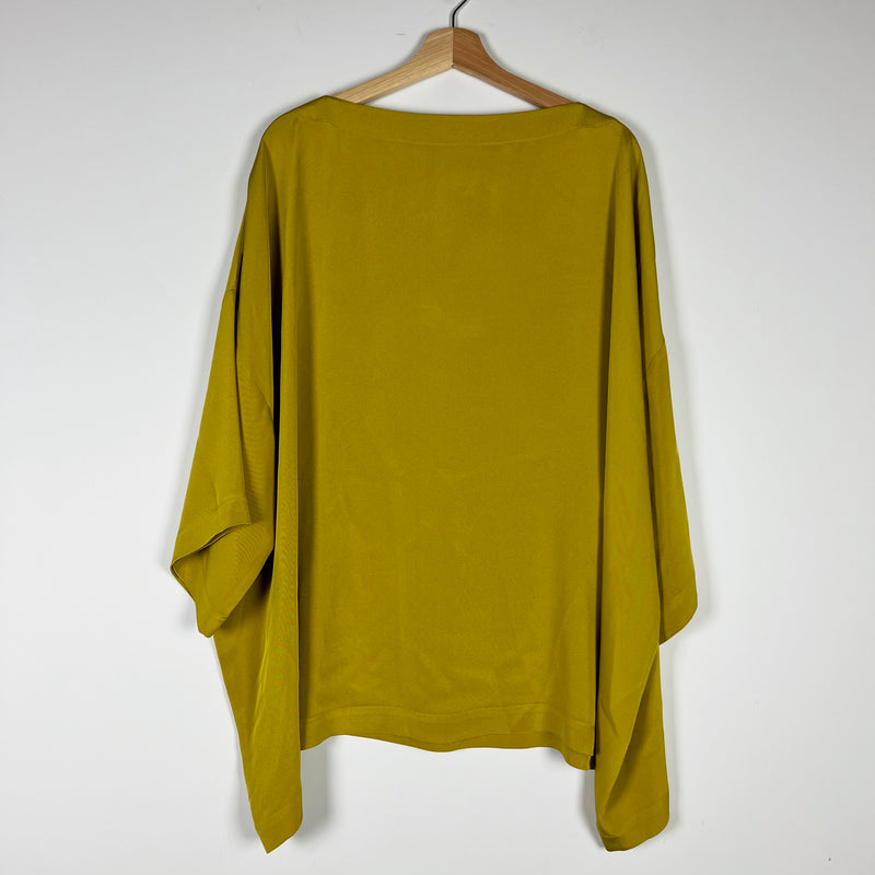 Eskandar 3/4 Sleeve Silk Chiffon Boat Neck Boxy Cut Blouse Shirt Top Yellow L