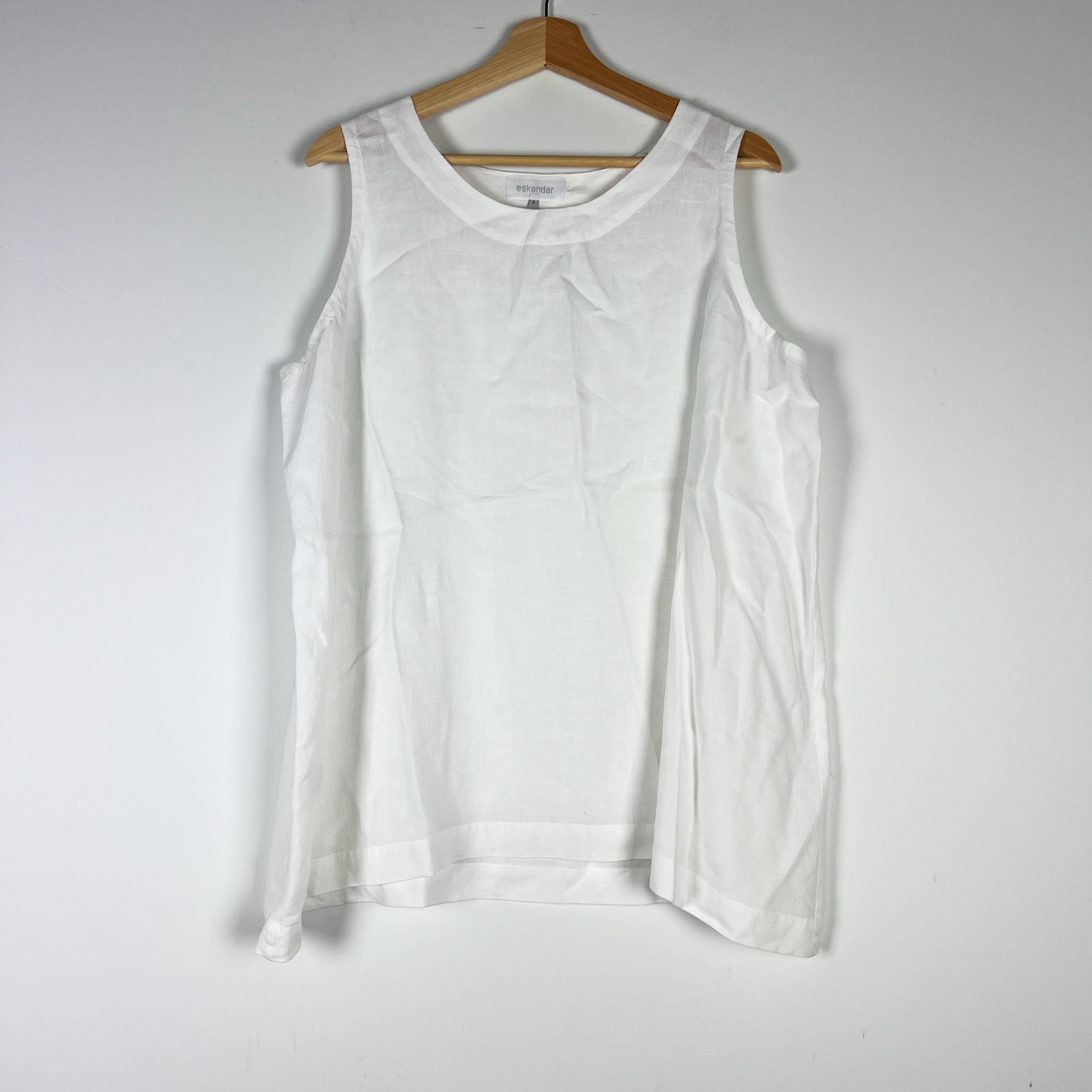Eskandar Linen Woven Lightweight Scoop Neck Sleeveless Tank Top Blouse White XL