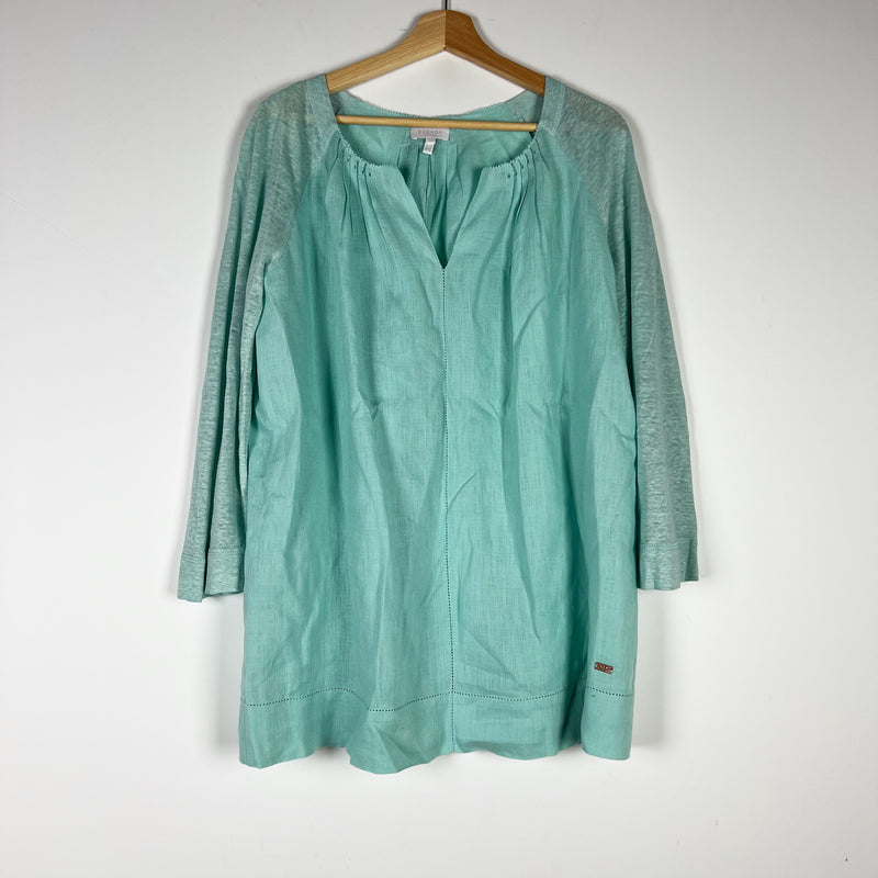 Escada Sport Linen Ruched Pleated Detail V Neck Blouse Shirt Light Blue Large