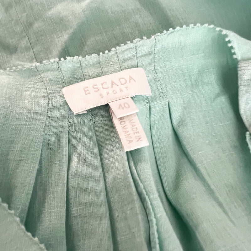 Escada Sport Linen Ruched Pleated Detail V Neck Blouse Shirt Light Blue Large