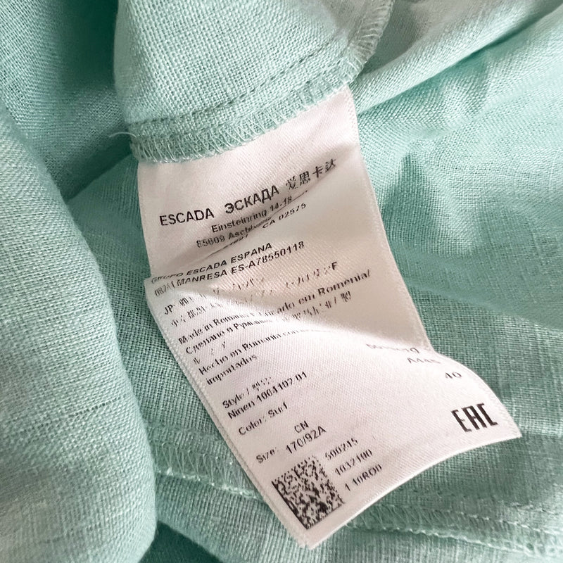 Escada Sport Linen Ruched Pleated Detail V Neck Blouse Shirt Light Blue Large