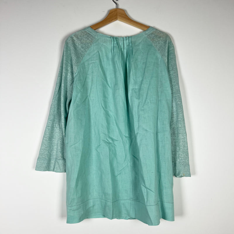 Escada Sport Linen Ruched Pleated Detail V Neck Blouse Shirt Light Blue Large