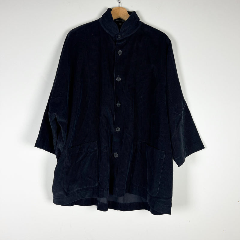 Eskandar Small Cord A Line Pleated Corduroy Velvet Velour Button Jacket Black