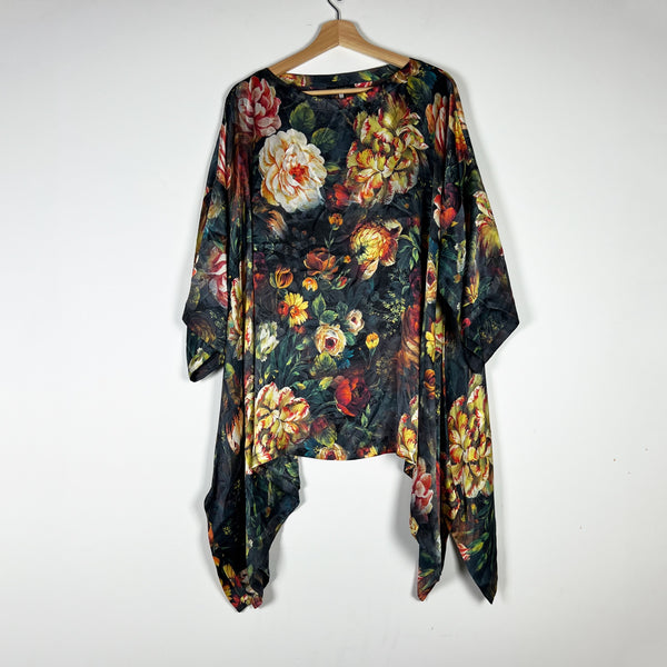 Eskandar Silk Satin Watercolor Floral Flower Print Pattern Asymmetrical Blouse&nbsp;