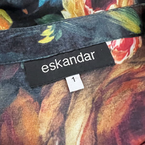 Eskandar Silk Satin Watercolor Floral Flower Print Pattern Asymmetrical Blouse&nbsp;