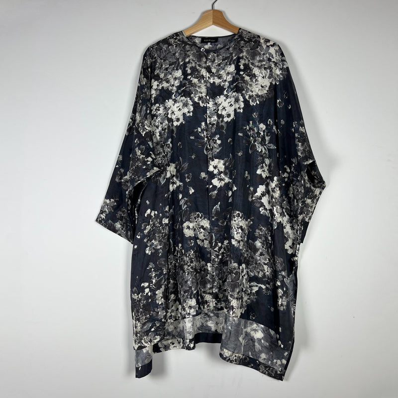 Eskandar Silk Satin Watercolor Floral Flower Print Pattern Kaftan Blouse Top L