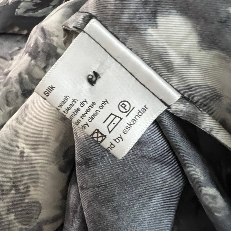 Eskandar Silk Satin Watercolor Floral Flower Print Pattern Kaftan Blouse Top L