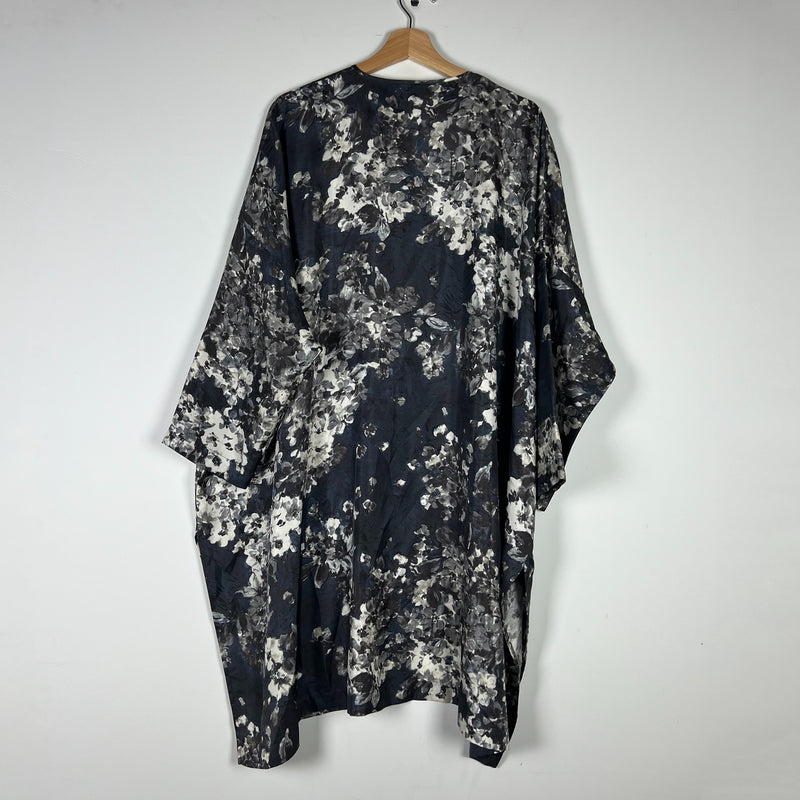 Eskandar Silk Satin Watercolor Floral Flower Print Pattern Kaftan Blouse Top L