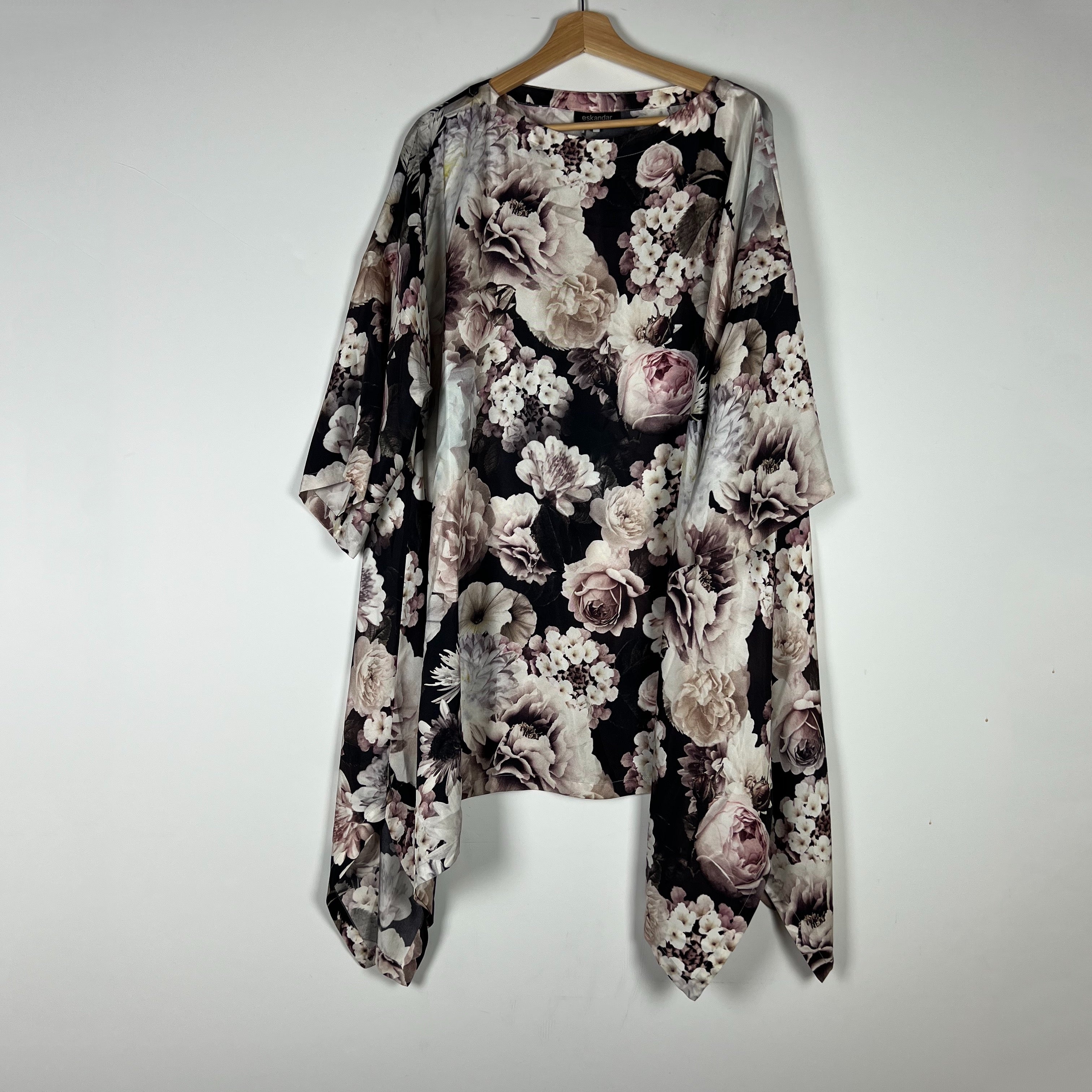 Eskandar Silk Satin Watercolor Rose Flower Print Pattern Kaftan Blouse Top L