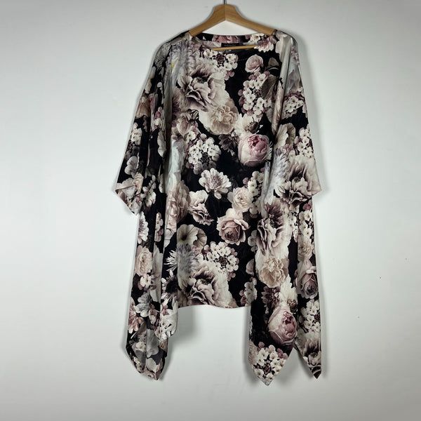 Eskandar Silk Satin Watercolor Rose Flower Print Pattern Kaftan Blouse Top L