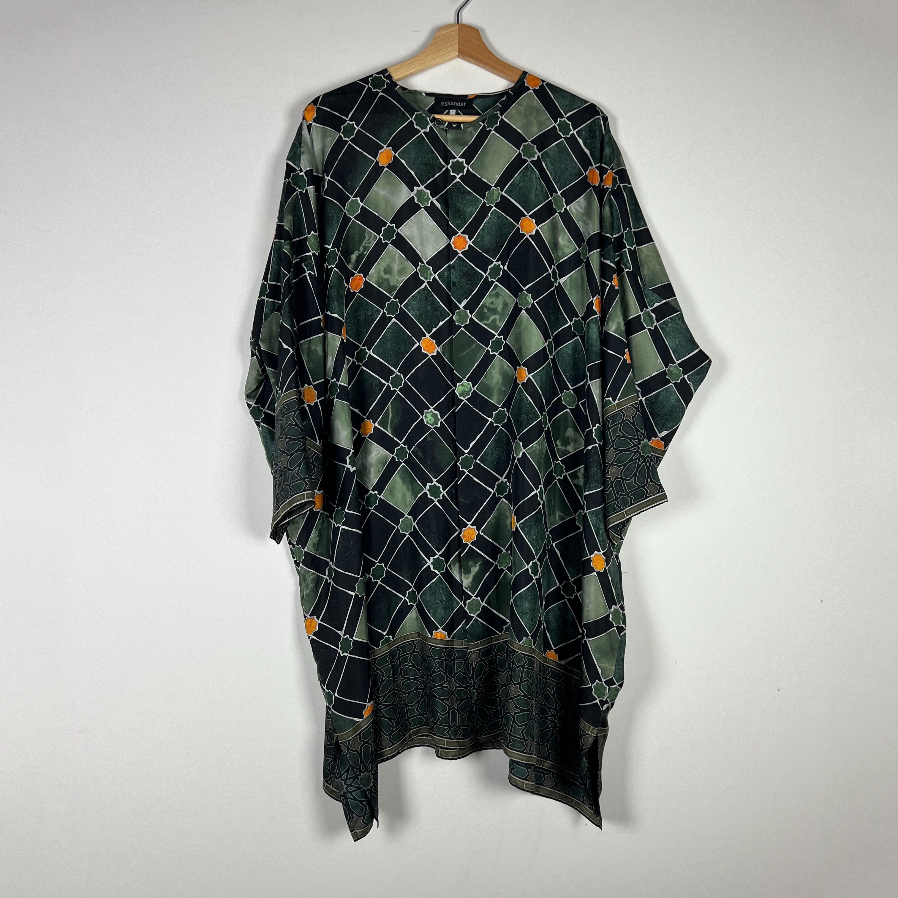 Eskandar Silk Satin Emerald Green Print Wide Bound Neck Oversized Boxy Blouse L