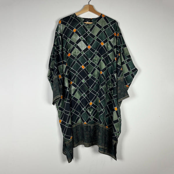 Eskandar Silk Satin Emerald Green Print Wide Bound Neck Oversized Boxy Blouse L