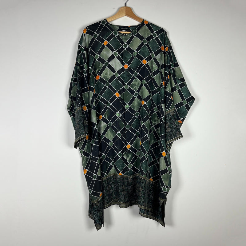 Eskandar Silk Satin Emerald Green Print Wide Bound Neck Oversized Boxy Blouse L