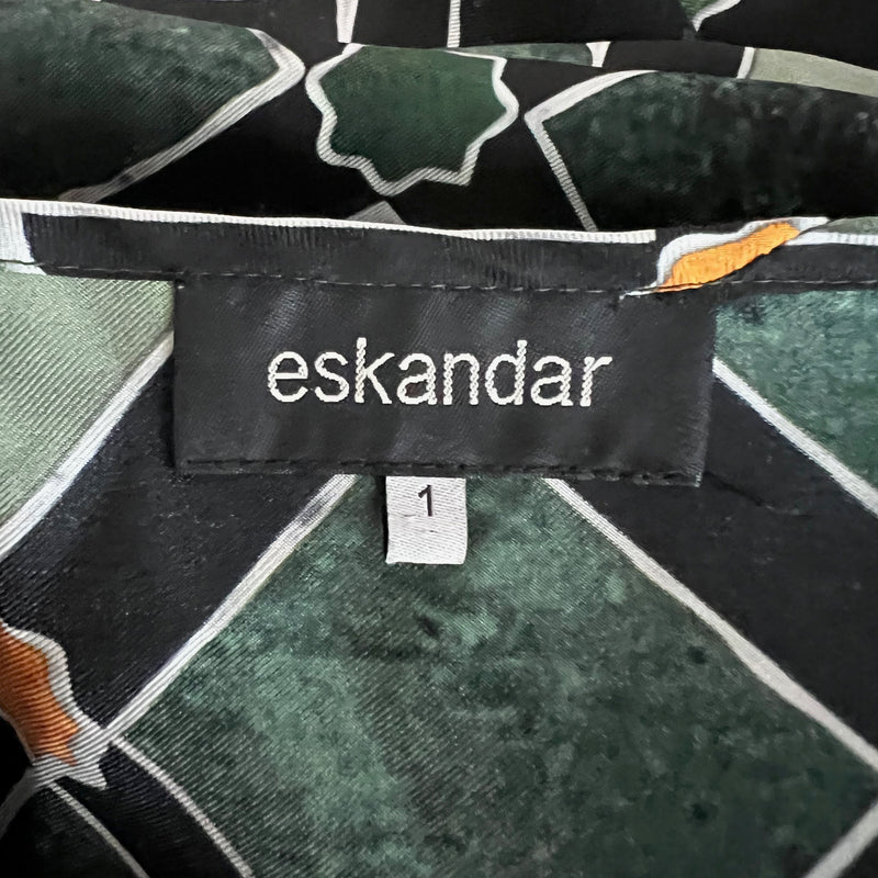 Eskandar Silk Satin Emerald Green Print Wide Bound Neck Oversized Boxy Blouse L