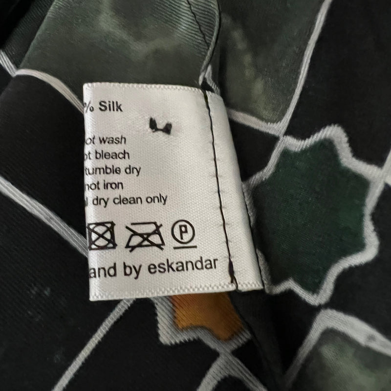 Eskandar Silk Satin Emerald Green Print Wide Bound Neck Oversized Boxy Blouse L