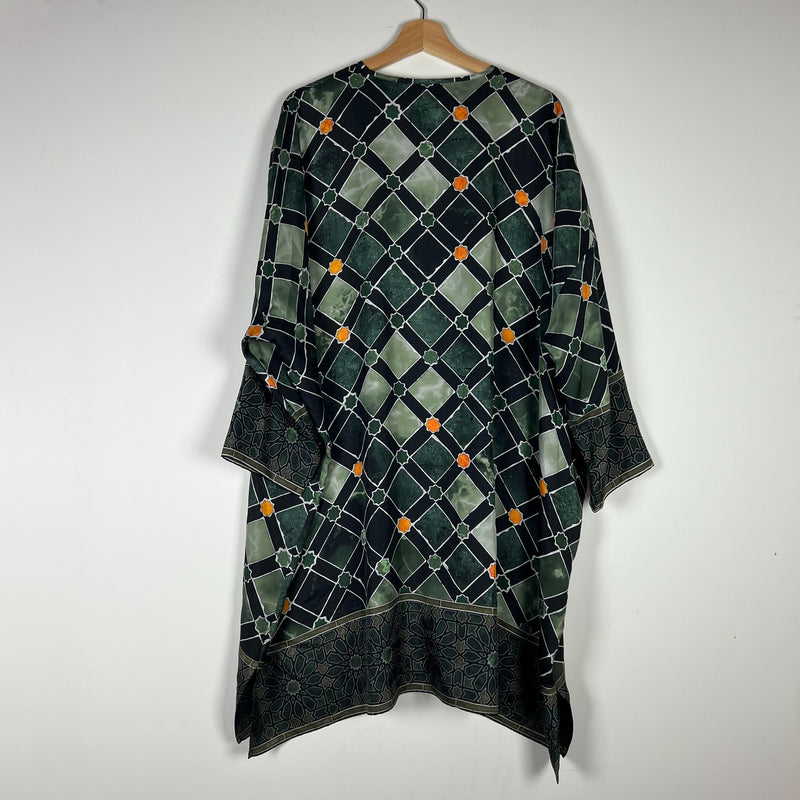 Eskandar Silk Satin Emerald Green Print Wide Bound Neck Oversized Boxy Blouse L