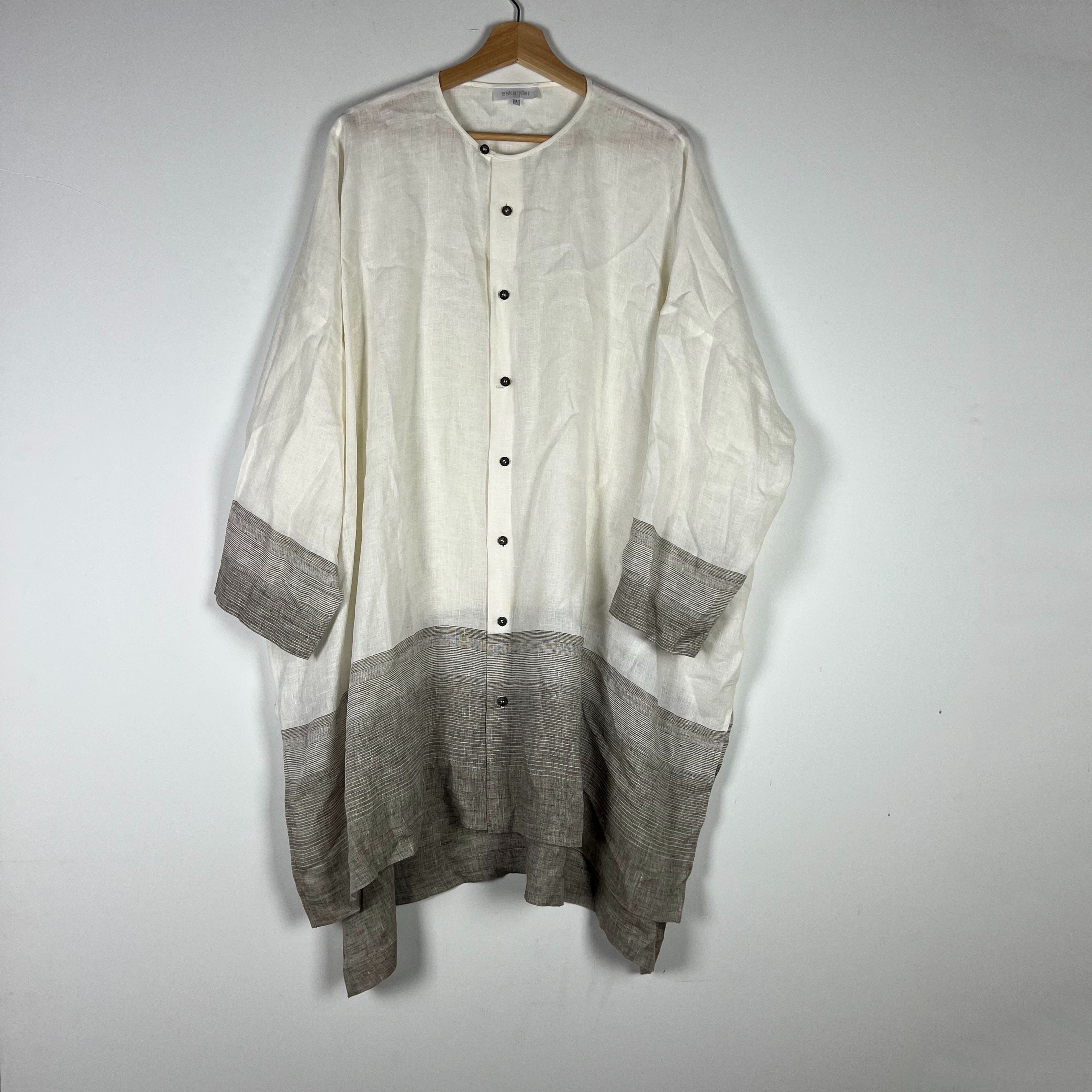Eskandar Linen Lightweight Woven Crew Neck Button Front Boxy Blouse Shirt Large